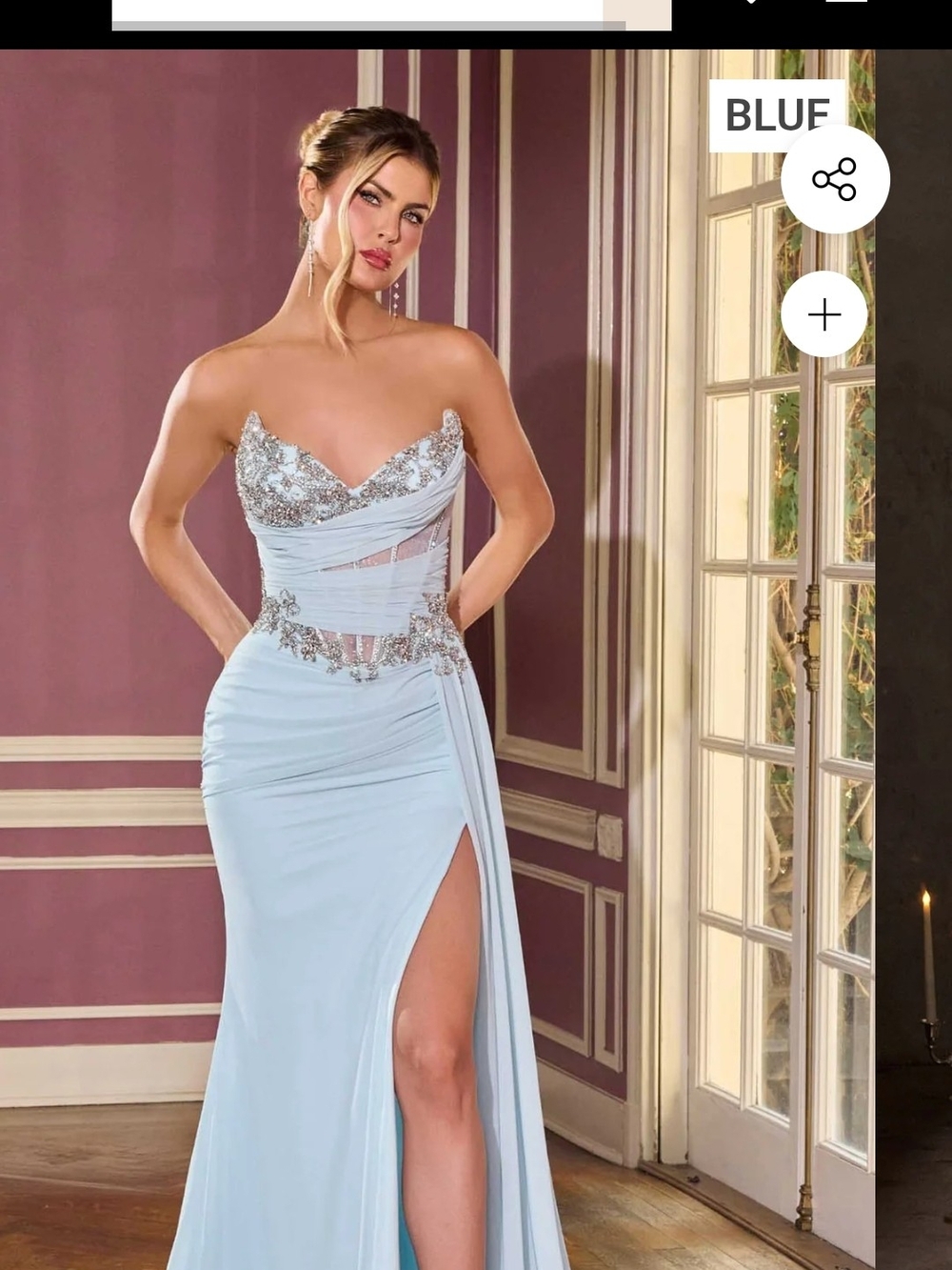 Strapless Light Blue Evening Gown with Embellished Bodice